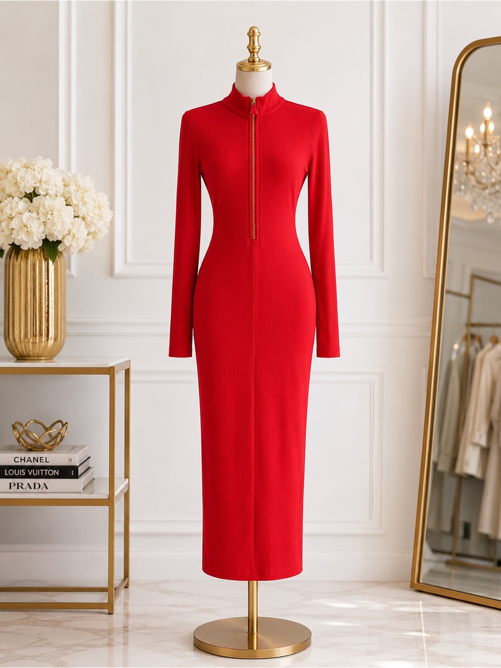 Red Long Sleeve Zip-Front Bodycon Dress